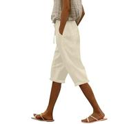 Generisch Pantaloncini corti da donna in cotone e lino, leggeri, lunghezza al ginocchio, pantaloni da allenamento, a vita alta, gamba larga, estivi, con tasche, per il tempo libero, comodi pantaloni