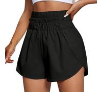 Generisch Pantaloncini da donna a tre quarti, leggeri, con volant, plaid, estivi, in lino, con tasche e coulisse, pantaloni corti baggy jeans, pantaloncini estivi per la spiaggia, Nero , S