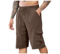 Generisch Pantaloncini da uomo in lino per l'estate e il tempo libero con elastico in vita vestibilità classica come comodi pantaloncini da spiaggia da uomo, marrone, L