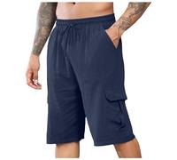 Generisch Pantaloncini da uomo in lino per l'estate e il tempo libero con elastico in vita vestibilità classica come comodi pantaloncini da spiaggia da uomo, Blu, XXL