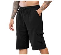 Generisch Pantaloncini da uomo in lino per l'estate e il tempo libero con elastico in vita vestibilità classica come comodi pantaloncini da spiaggia da uomo, Nero , XL