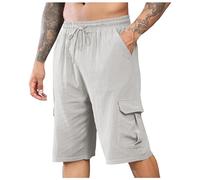 Generisch Pantaloncini da uomo in lino per l'estate e il tempo libero con elastico in vita vestibilità classica come comodi pantaloncini da spiaggia da uomo, grigio., XL