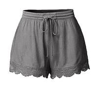 Generisch Pantaloncini estivi da donna, con pizzo floreale, con coulisse, comodi, basic per il tempo libero, alla moda, casual, grandi dimensioni, estivi, grigio., L