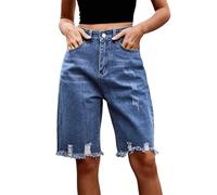 Generisch Pantaloncini in jeans da donna, estivi, con tasche frayed Raw Hem, tinta unita, casual, in denim grattugiato a mano, a vita alta, pantaloni classici, Blu, L