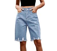 Generisch Pantaloncini in jeans da donna, estivi, con tasche frayed Raw Hem, tinta unita, casual, in denim grattugiato a mano, a vita alta, pantaloni classici, Azzurro, L