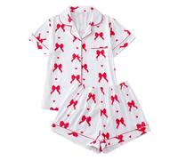 Generisch Pantaloncini pigiama a maniche corte e stampa a fiocco sul colletto a risvolto, comodi indumenti per dormire e loungewear per la casa, bianco, XXL