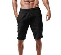 Generisch Pantaloni a tre quarti sportivi, comodi per il tempo libero, bermuda, lunghezza al ginocchio, pantaloni da uomo, in lino di cotone, leggeri, corti, estivi, bermuda, da uomo, in lino, Nero