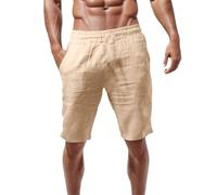 Generisch Pantaloni a tre quarti sportivi, comodi per il tempo libero, bermuda, lunghezza al ginocchio, pantaloni da uomo, in lino di cotone, leggeri, corti, estivi, bermuda, da uomo, in lino, beige