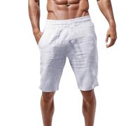 Generisch Pantaloni a tre quarti sportivi, comodi per il tempo libero, bermuda, lunghezza al ginocchio, pantaloni da uomo, in lino di cotone, leggeri, corti, estivi, bermuda, da uomo, in lino, bianco