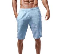 Generisch Pantaloni a tre quarti sportivi, comodi per il tempo libero, bermuda, lunghezza al ginocchio, pantaloni da uomo, in lino di cotone, leggeri, corti, estivi, bermuda, da uomo, in lino, Blu, L