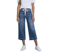 Generisch Pantaloni capri casual con gamba dritta, vita elasticizzata, taglio largo, per donna, comodi e leggeri, stile denim per tutti i giorni, Blu, XL
