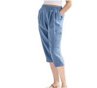 Generisch Pantaloni Capri da donna in tinta unita, in lino di cotone traspirante, con elastico elastico, pratiche tasche laterali per un comfort casual durante diverse attività, Blu, XL