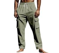 Generisch Pantaloni cargo da uomo, alla moda, super comodi, in lino, con coulisse, tasche multiple, traspiranti, in lino, per il tempo libero, leggeri da uomo, verde, XXL