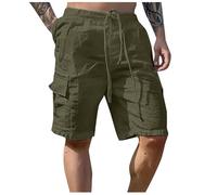 Generisch Pantaloni cargo da uomo, corti, lunghezza al ginocchio, in lino, con tasche laterali e coulisse, in cotone, per esterni, estivi, da spiaggia, per il tempo libero, elasticizzati, da caccia