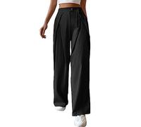 Generisch Pantaloni casual da donna a vita alta, con dettagli plissettati laterali a forma di gamba larga, per un comfort moderno nella vita di tutti i giorni, Nero , S
