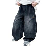 Generisch Pantaloni casual jeans per ragazzi grandi con elastico in vita vestibilità rilassata per la scuola giocare tutti i giorni comodi pantaloni resistenti, Nero , 16-17 Jahre