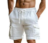 Generisch Pantaloni corti cargo da uomo, elasticizzati, in lino, comodi, traspiranti, da spiaggia, estivi, cargo, multitasche con coulisse, alla moda, stile retrò, casual, bianco, 3XL