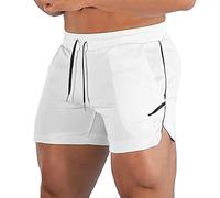 Generisch Pantaloni da allenamento da uomo corti con tasche, da palestra, da uomo, a tre punte, leggeri, tinta unita, da tennis, con coulisse, pantaloni sportivi ad asciugatura rapida, bianco, L