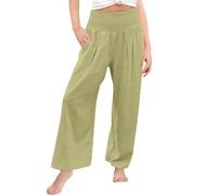 Generisch Pantaloni da bambina in lino, stile boho, a gamba larga, a vita alta, per il tempo libero, per la spiaggia, per le vacanze, per le ragazze, Verde menta, 13-14 Jahre