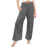 Generisch Pantaloni da bambina in lino, stile boho, a gamba larga, a vita alta, per il tempo libero, per la spiaggia, per le vacanze, per le ragazze, grigio scuro, 13-14 Jahre