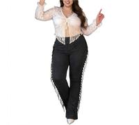Generisch Pantaloni da danza da donna con frange, lunghi, latini, in vita elasticizzata, da donna, rumba ballroom, per palcoscenici, costume da ballo, stile retrò, da equitazione, da cowgirl hippie