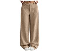 Generisch Pantaloni da donna a gamba larga, a vita alta, pantaloni da jogging, lunghi, casual, da donna, comodi, in tinta unita, per il tempo libero, con tasche, cachi, L