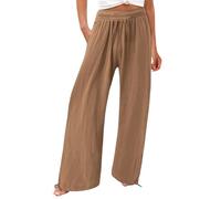 Generisch Pantaloni da donna a gamba larga, per il tempo libero, con tasche e elastico, dritto, casual, da jogging, a vita alta, in cotone, lino, elasticizzati, per attività all'aria aperta, cachi, L