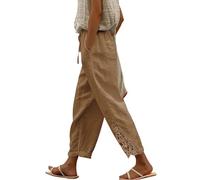Generisch Pantaloni da donna alla moda a vita alta, dettagli in pizzo nel moderno design a 9/10 di lunghezza per un comfort elegante nella vita di tutti i giorni, cachi, XXL
