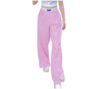 Generisch Pantaloni da donna con motivo a righe verticali e orlo patchwork, elastico in vita, gamba larga, pantaloni casual con vita, Colore: rosso, S