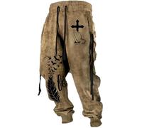 Generisch Pantaloni da jogging da uomo, stile retrò, vichingo, per autunno e inverno, caldi, per il tempo libero, con stampa 3D, elasticizzati, in vita, O kaki, XXL