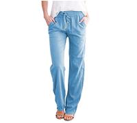 Generisch Pantaloni da jogging in lino, da donna, in cotone, con tasche, casual, estivi, a gamba larga, estivi, in tessuto, Pantaloni J4-celeste, XL