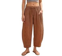 Generisch Pantaloni estivi da donna, casual, traspiranti, per il tempo libero, elasticizzati, lunghezza 7/8, motivo a righe, pieghevoli, eleganti, per vacanze, spiaggia, tempo libero, 06-Brown, S