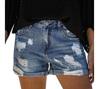 Generisch Pantaloni estivi da donna corto circuito a vita alta jeans con fori tasche per casual casual, Blu, 3XL