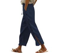 Generisch Pantaloni estivi da donna in lino, stile boho, a gamba larga, con tasche, in mussola e palazzo, leggeri, per l'autunno, per il tempo libero, larghi, Blu marino, M