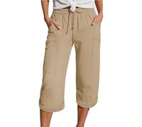 Generisch, pantaloni estivi da donna in lino, taglie comode, leggeri, 3/4, pantaloni casual, morbidi, comodi, in mussola, pantaloni da spiaggia, pantaloni in tessuto, pantaloni capri, con orlo
