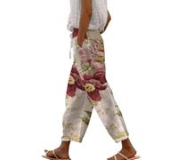 Generisch Pantaloni estivi da donna, leggeri, in lino, lunghi, da donna, estivi, a vita alta, elasticizzati, per il tempo libero, Pantaloni C7-rosso, S