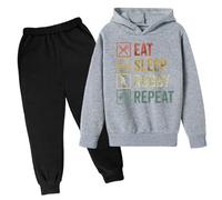 Generisch Pantaloni in due pezzi con cappuccio e stampa con lettere da calcio, per tuta alla moda con design sportivo per gli appassionati di calcio, materiale traspirante, grigio., 3-4 Anni
