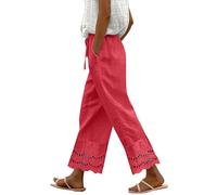 Generisch Pantaloni in lino da donna, estivi a 7/8, a vita alta, leggeri, comodi, in cotone, in mussola, per il tempo libero, in pizzo, patchwork, pantaloni da spiaggia eleganti, Rosa acceso., XL