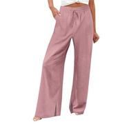 Generisch Pantaloni in lino, leggeri, a gamba larga, da donna, in tessuto, con elastico, eleganti pantaloni da palazzo, in cotone, per il tempo libero, comodi e ariosi, Colore: rosa., XL