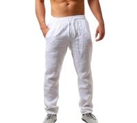 Generisch Pantaloni in lino, lunghi da uomo, in lino, per il tempo libero, classici, traspiranti, leggeri, leggeri, morbidi, da spiaggia, per il tempo libero, per le vacanze, bianco, 5XL