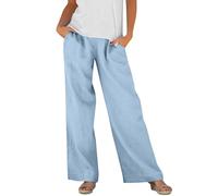 Generisch Pantaloni in misto lino con gamba larga, elastico in vita, comodi pantaloni per il tempo libero per una vestibilità comoda, pantaloni estivi Palazzo, Blu, S