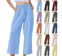 Generisch Pantaloni lunghi da donna in lino, per il tempo libero, larghi, 7/8, pantaloni da yoga, tinta unita, pantaloni larghi da donna, con tasche, leggeri, a vita alta, pantaloni da corsa