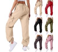 Generisch Pantaloni lunghi da lavoro, pantaloni lunghi da lavoro, in lino, con tasche, pantaloni da donna, a vita alta, per il tempo libero, tinta unita, pantaloni cargo, cachi, L