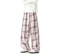 Generisch Pantaloni lunghi da uomo, colore rosso, per il tempo libero, pantaloni lunghi a quadri, in cotone, a gamba larga, in flanella, con tasche, con coulisse, pantaloni relax, loungewear