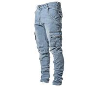 Generisch Pantaloni lunghi da uomo in jeans, pantaloni cargo stretch in denim, con molte tasche, jeans elasticizzati, stile rilassato, biker, tinta unita, per il tempo libero, classici, in tessuto