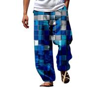 Generisch Pantaloni lunghi da uomo, in lino, con stampa 3D, pantaloni estivi con polsini, leggeri, traspiranti, alla moda, versatili, per l'autunno, casual, classici, per le vacanze, Blu, XL