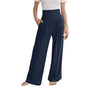 Generisch Pantaloni lunghi estivi per bambini, da ragazza, leggeri, eleganti, in tessuto, casual, in tinta unita, alla moda, estivi, in cotone e lino, Blu marino, 12-13 Anni