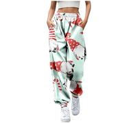 Generisch Pantaloni natalizi da donna con cappello di Babbo Natale, design da jogging con coulisse, comodi baggy a vita alta, tasche alla moda natalizia, Verde menta, L
