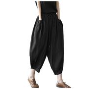 Generisch Pantaloni Vita Elastico Palloncino Lino Allentato Casual Donne Estate Pantaloni Corti Delle Signore Estate Locker, Nero , L