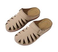 Generisch Pantofole da donna chiuse in similpelle, da donna, estive, con tacco chiuso, davanti, con fibbie, sandali per il tempo libero, sandali con cinturino, beige., 39 EU